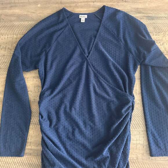 Hatley Tops - Hatley Navy Blue Textured Swiss Dot Long Sleeve Faux Wrap Side Ruched Top